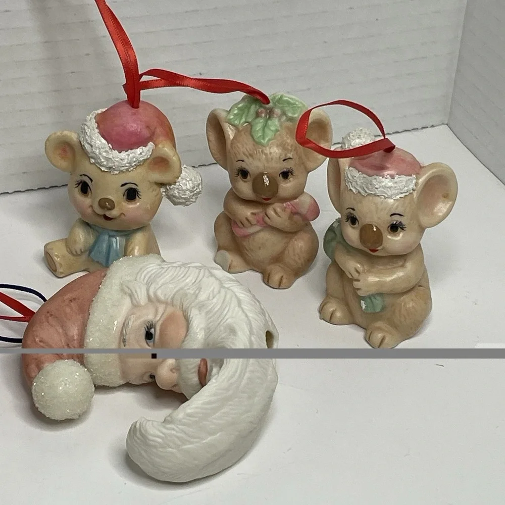 Porcelain Christmas Ornament Santa  Moon Animals Set 9 Vintage Hand Painted 2.5